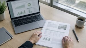 Raport de mentenanță IT pe birou, lângă un laptop cu tablou de monitorizare