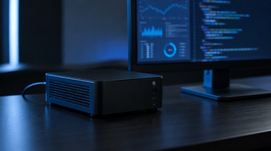 Calculator compact de birou lângă un monitor, într-o încăpere întunecată
