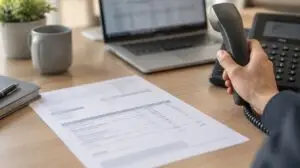 Factură pe birou și o mână ținând receptorul unui telefon